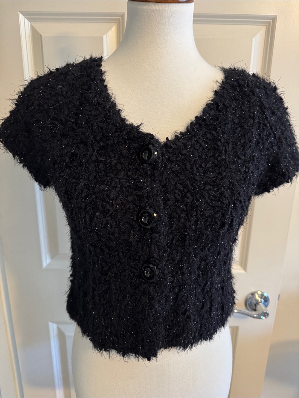 Black Short-Sleeve Fuzzy Button-Front Women's Top (Soft/comfortable)